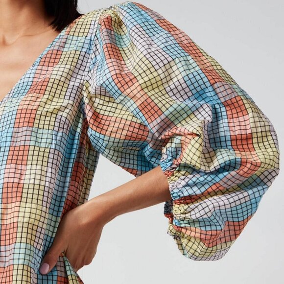 💕GANNI💕 Seersucker Check Dress ~ Midi Tent Plaid Picnic Balloon Sleeve Size 40 - Picture 3 of 16